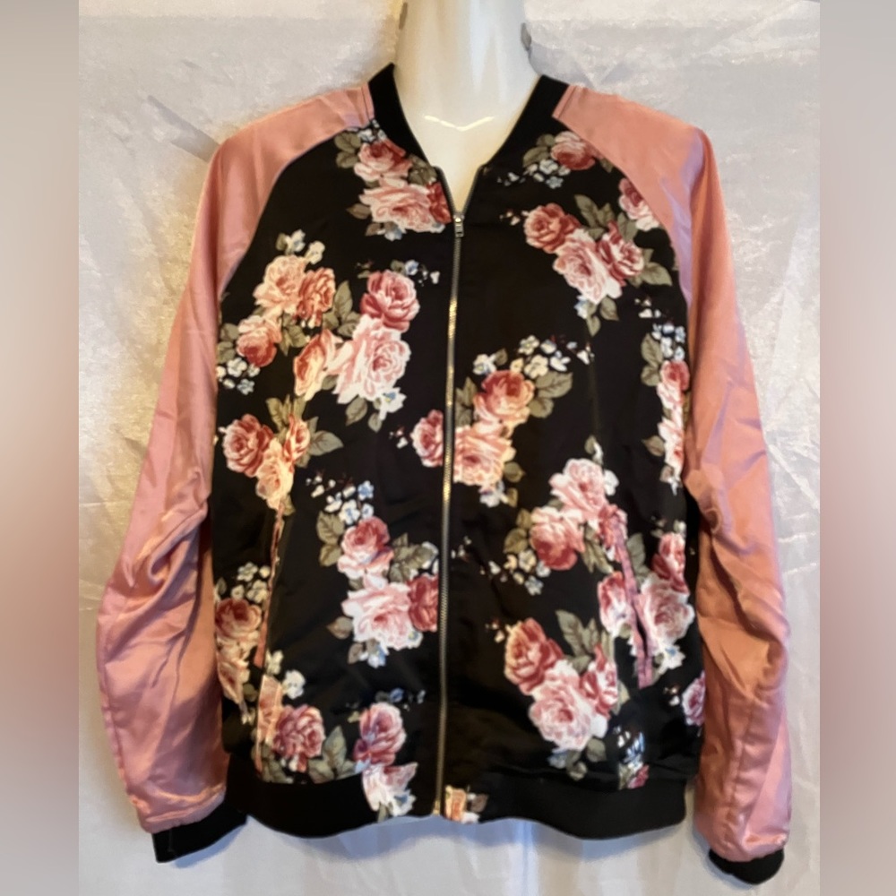 NWOT Floral Pink & Black Satin Jacket by Angel Kiss Los Angeles, sz Large